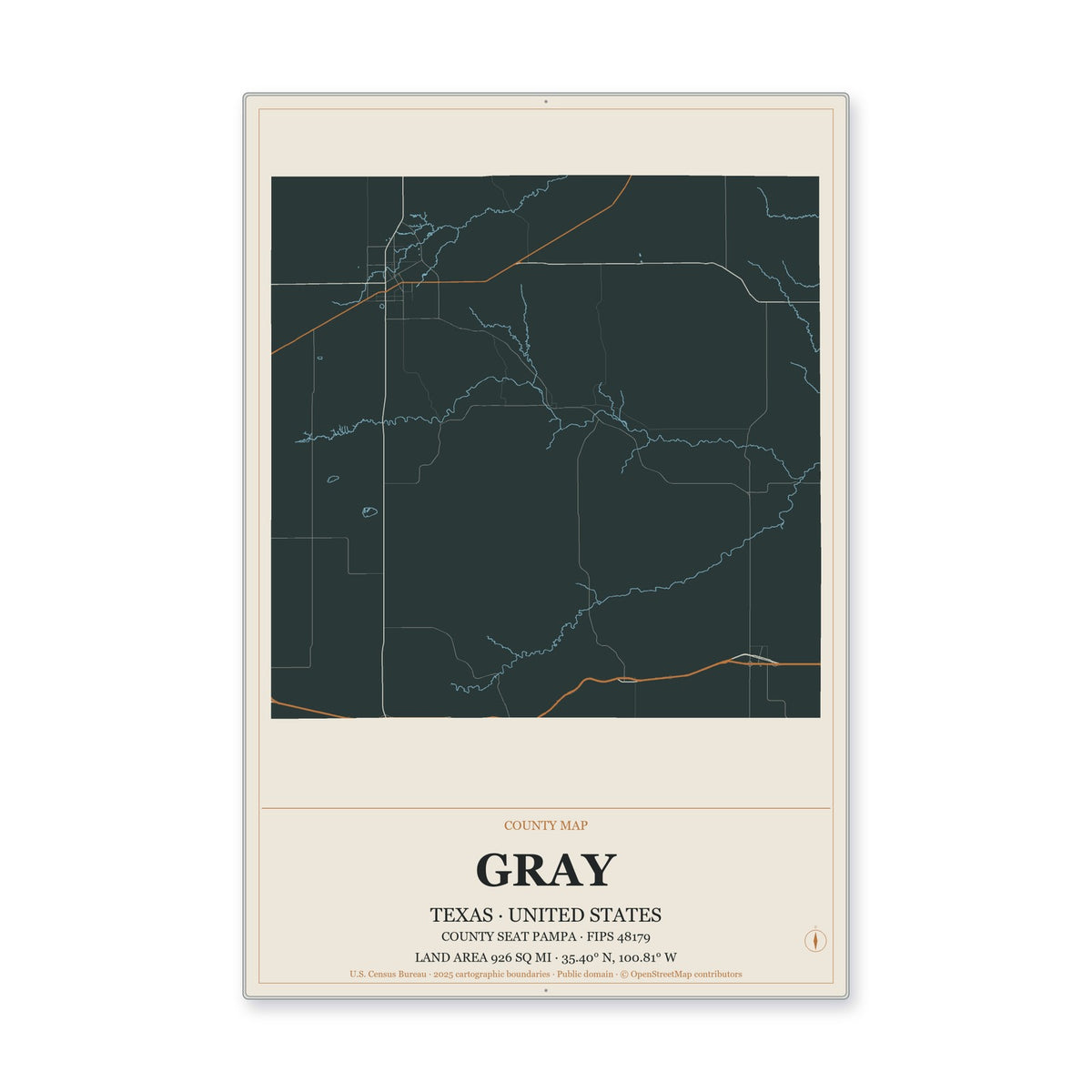 Gray County, Texas Map Aluminum Sign in Headline Atlas style