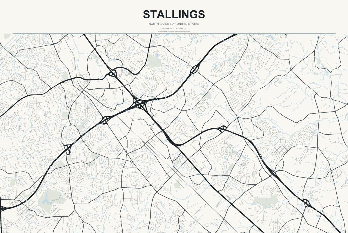 Stallings, North Carolina City Map Aluminum Sign in Headline Atlas style