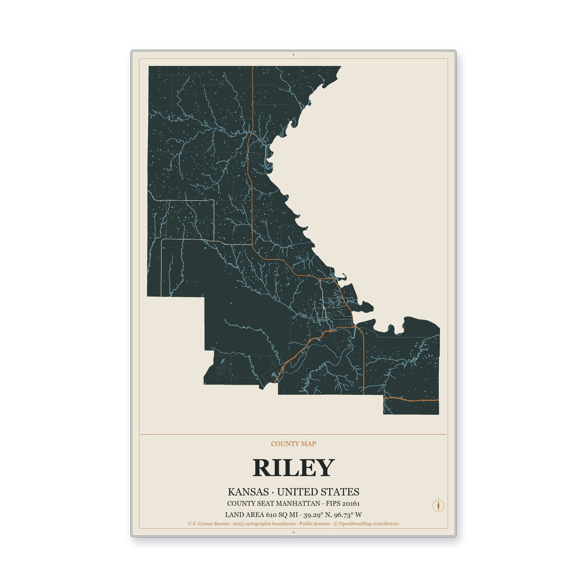 Riley County, Kansas Map Aluminum Sign in Headline Atlas style