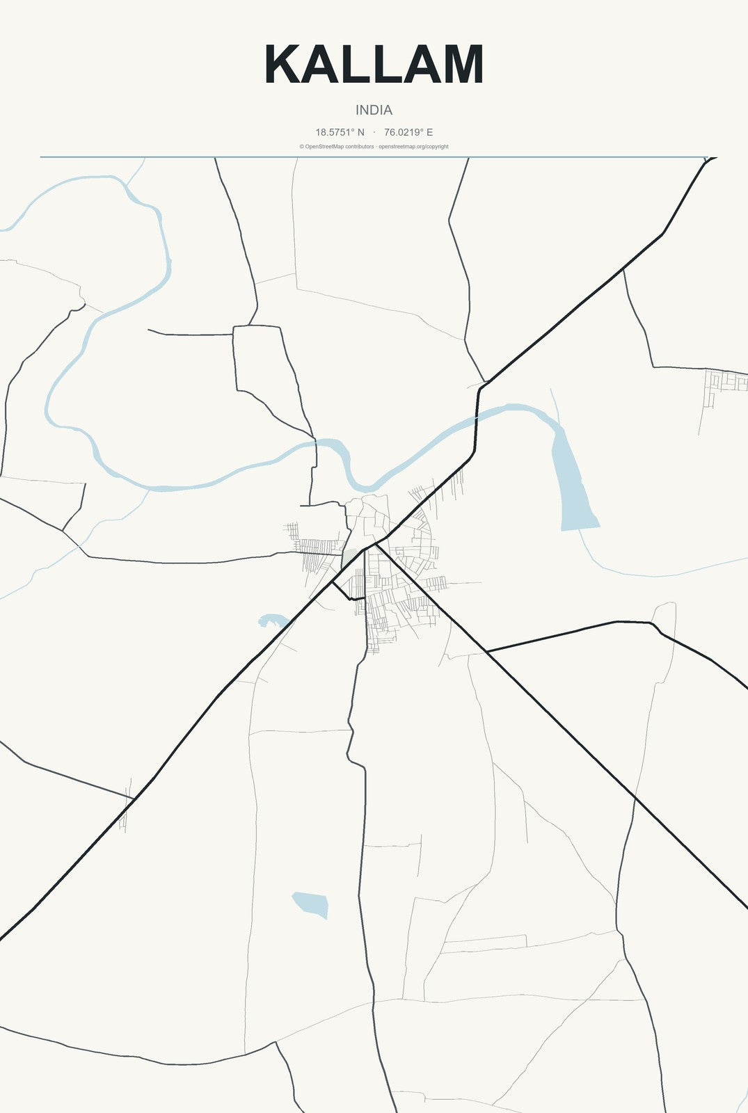 Kallam, India City Map Aluminum Sign in Headline Atlas style