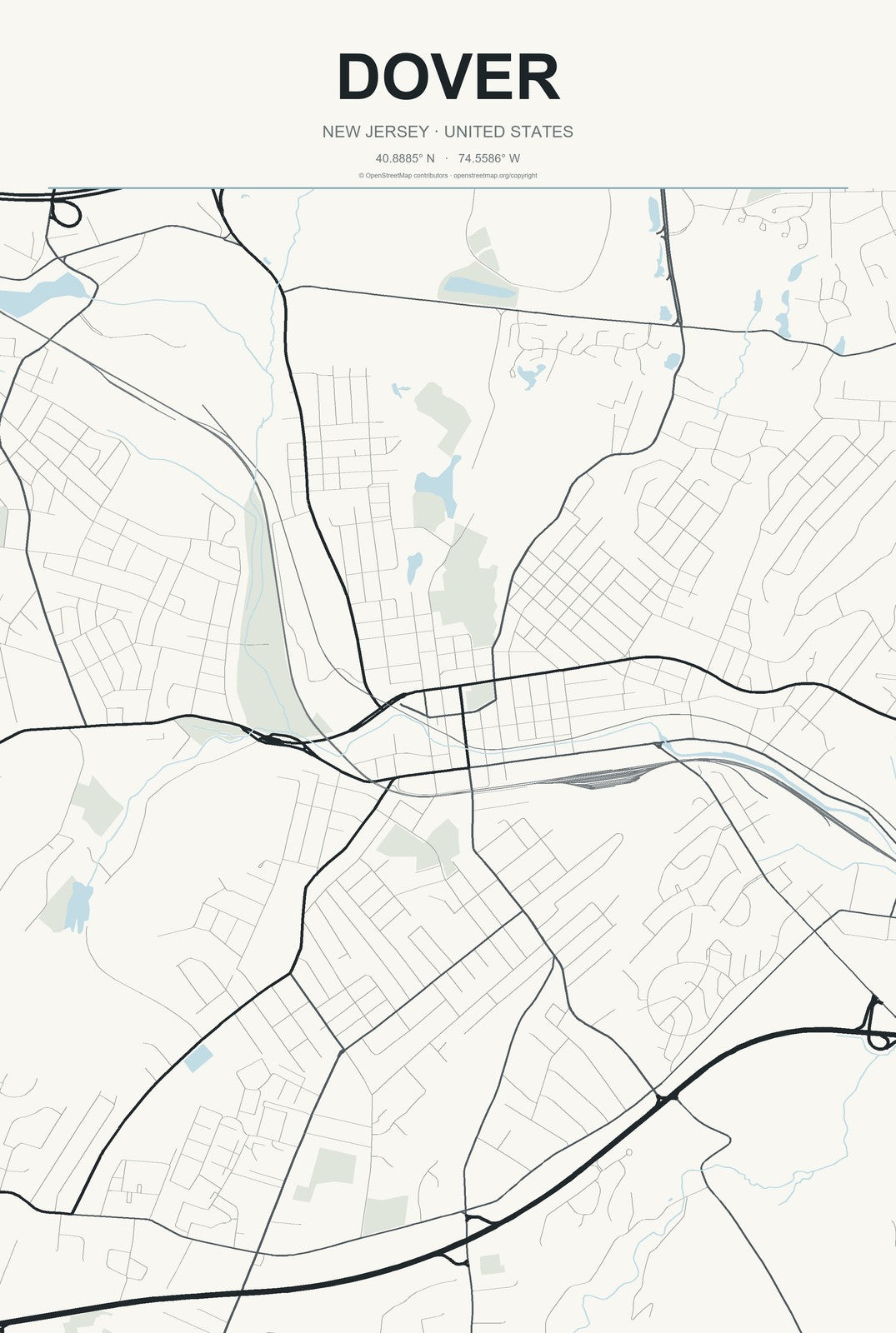 Dover, New Jersey City Map Aluminum Sign in Headline Atlas style