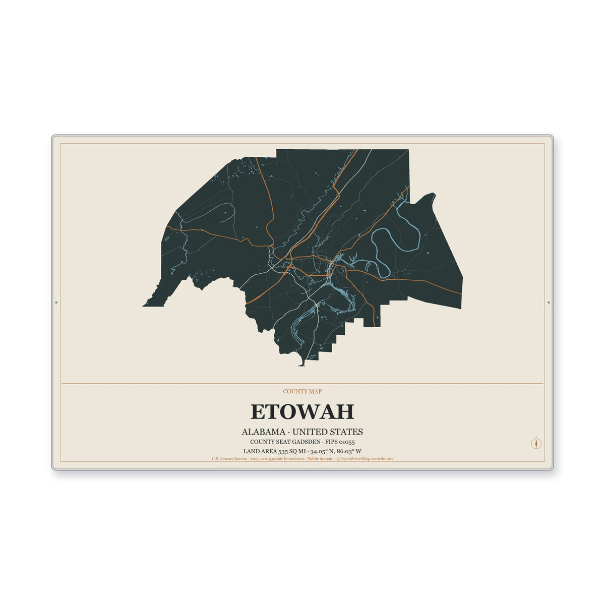 Etowah County, Alabama Map Aluminum Sign in Headline Atlas style