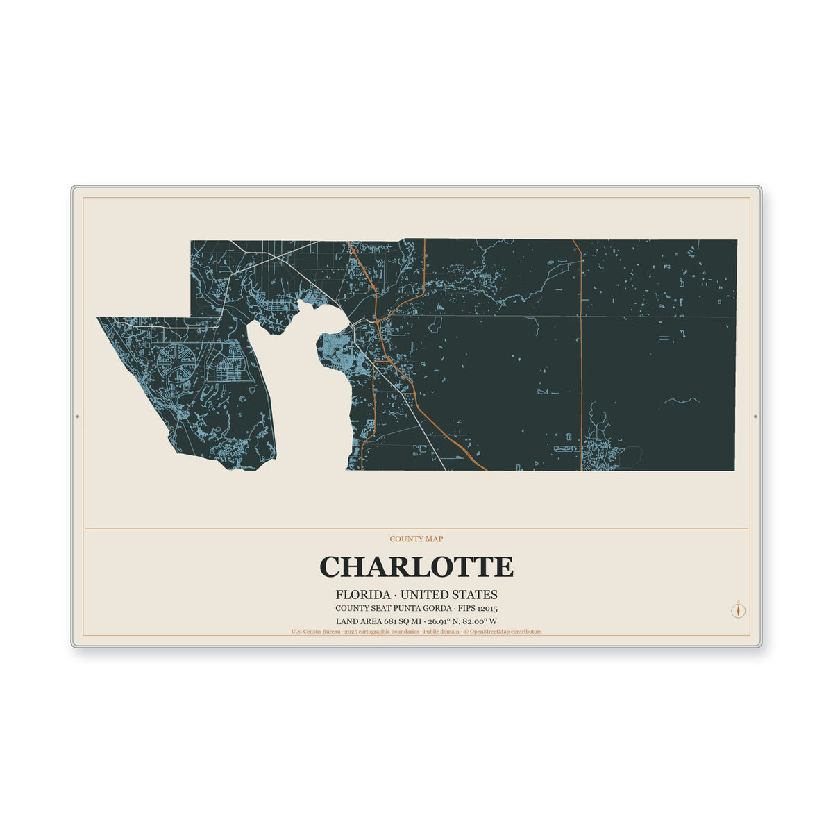 Charlotte County, Florida Map Aluminum Sign in Headline Atlas style