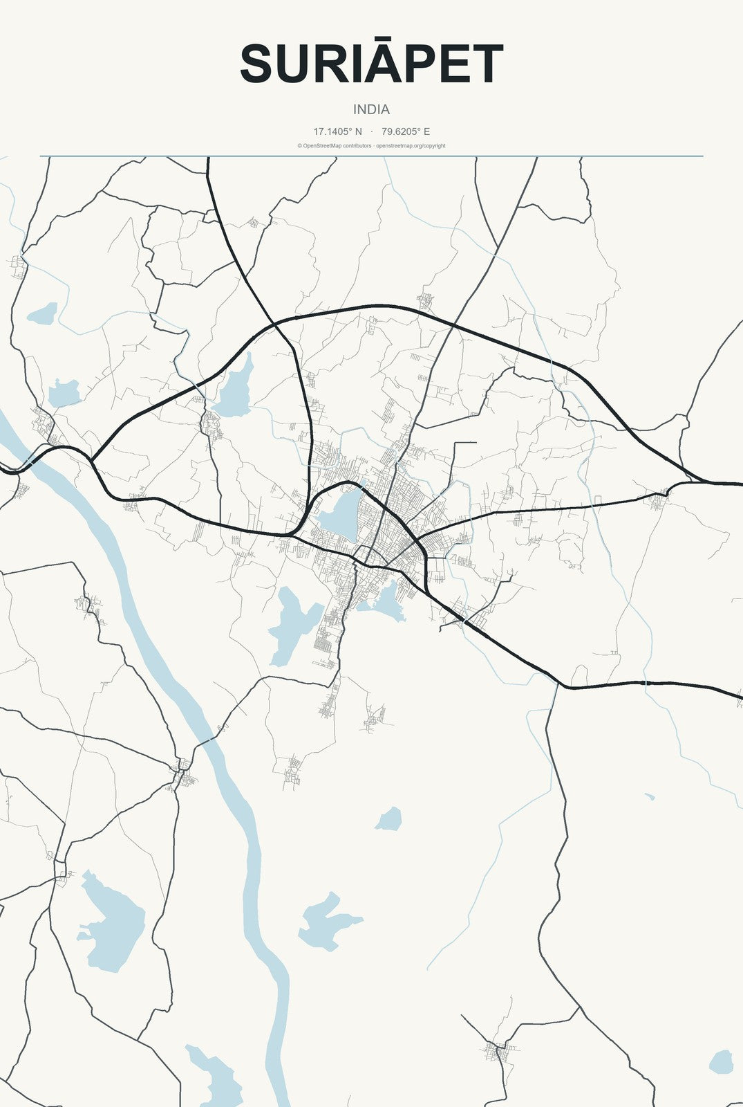 Suriāpet, India City Map Aluminum Sign in Headline Atlas style