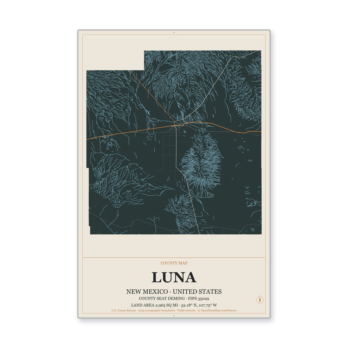 Luna County, New Mexico Map Aluminum Sign in Headline Atlas style