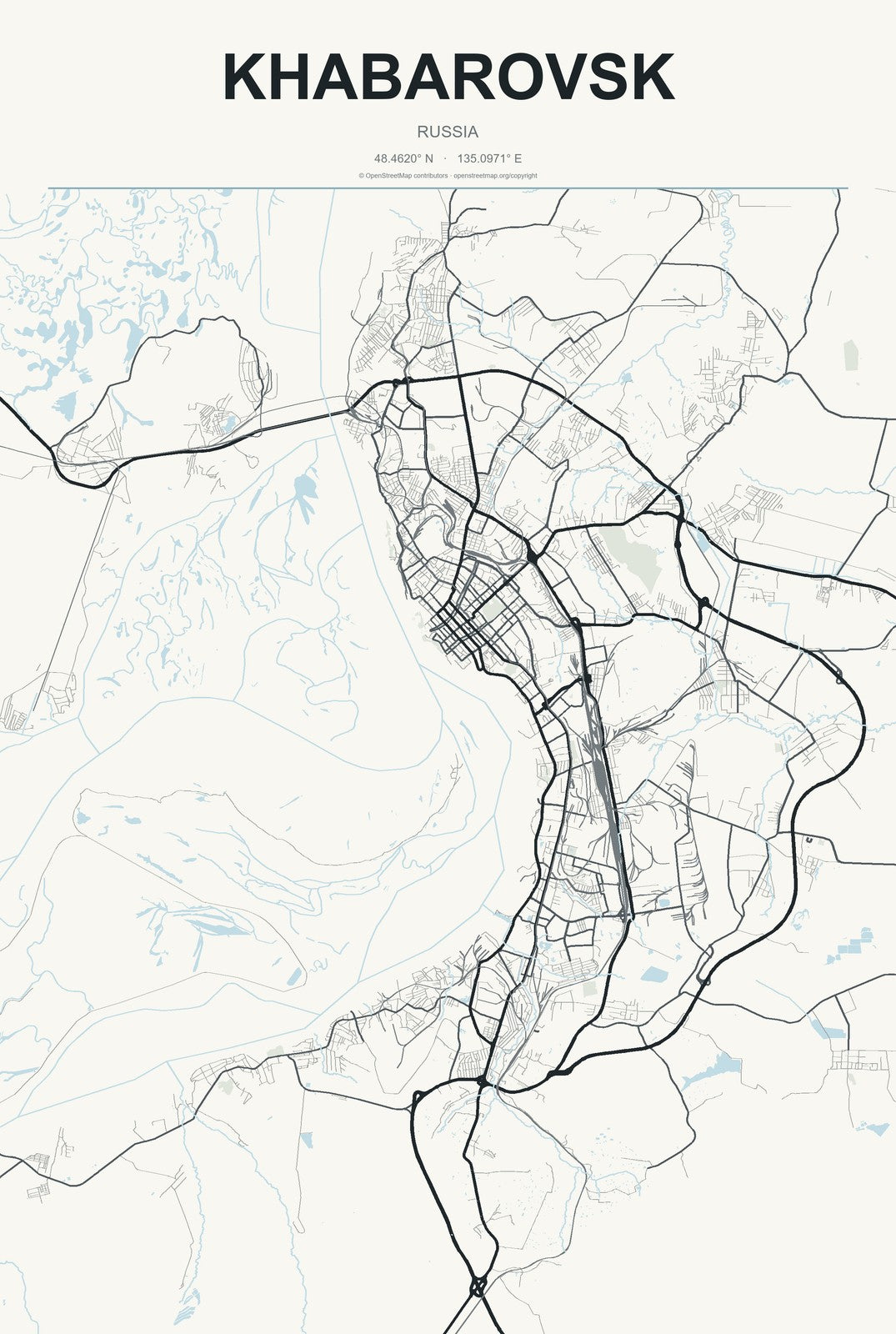 Khabarovsk, Russia City Map Aluminum Sign in Headline Atlas style