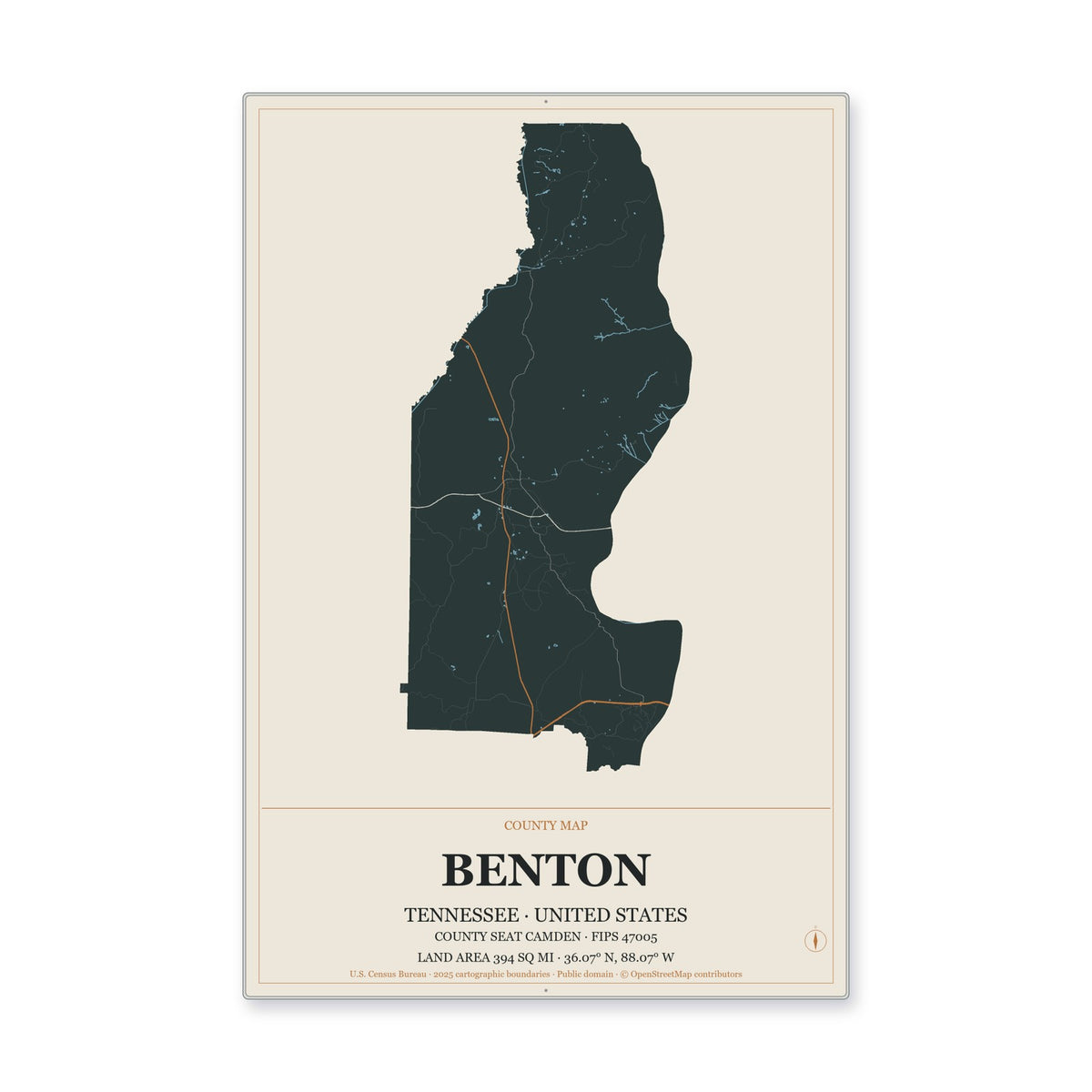 Benton County, Tennessee Map Aluminum Sign in Headline Atlas style