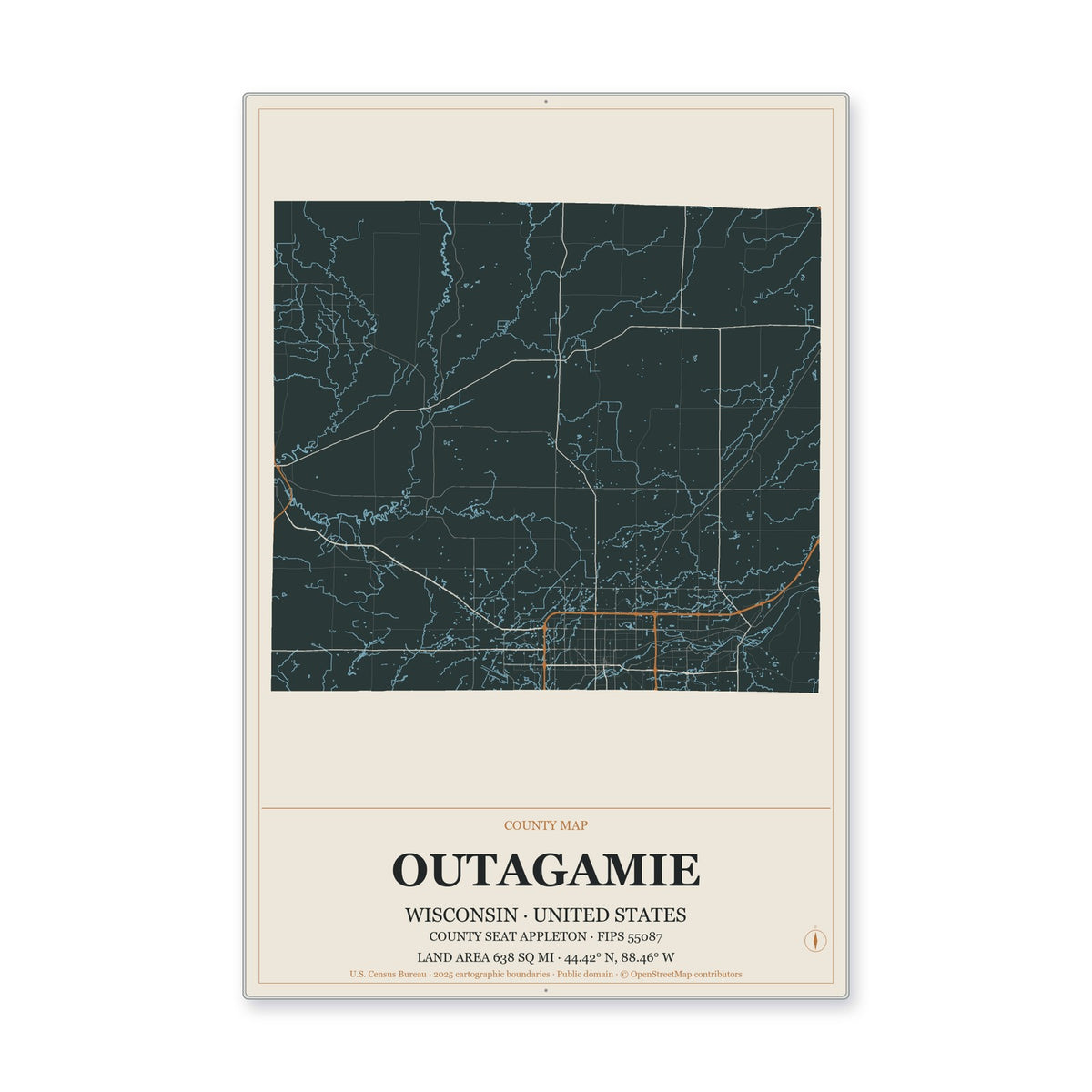 Outagamie County, Wisconsin Map Aluminum Sign in Headline Atlas style