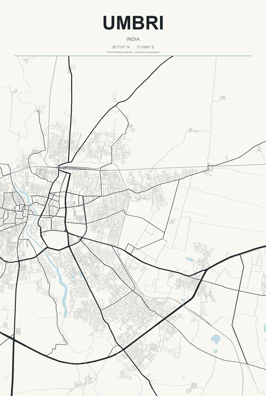 Umbri, India City Map Aluminum Sign in Headline Atlas style