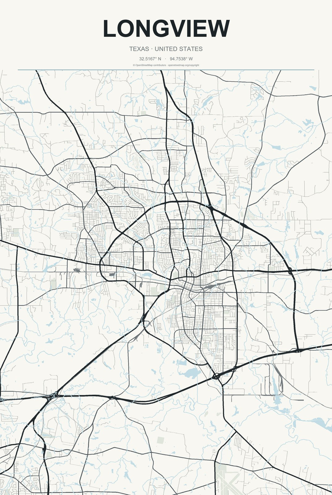 Longview, Texas City Map Aluminum Sign in Headline Atlas style