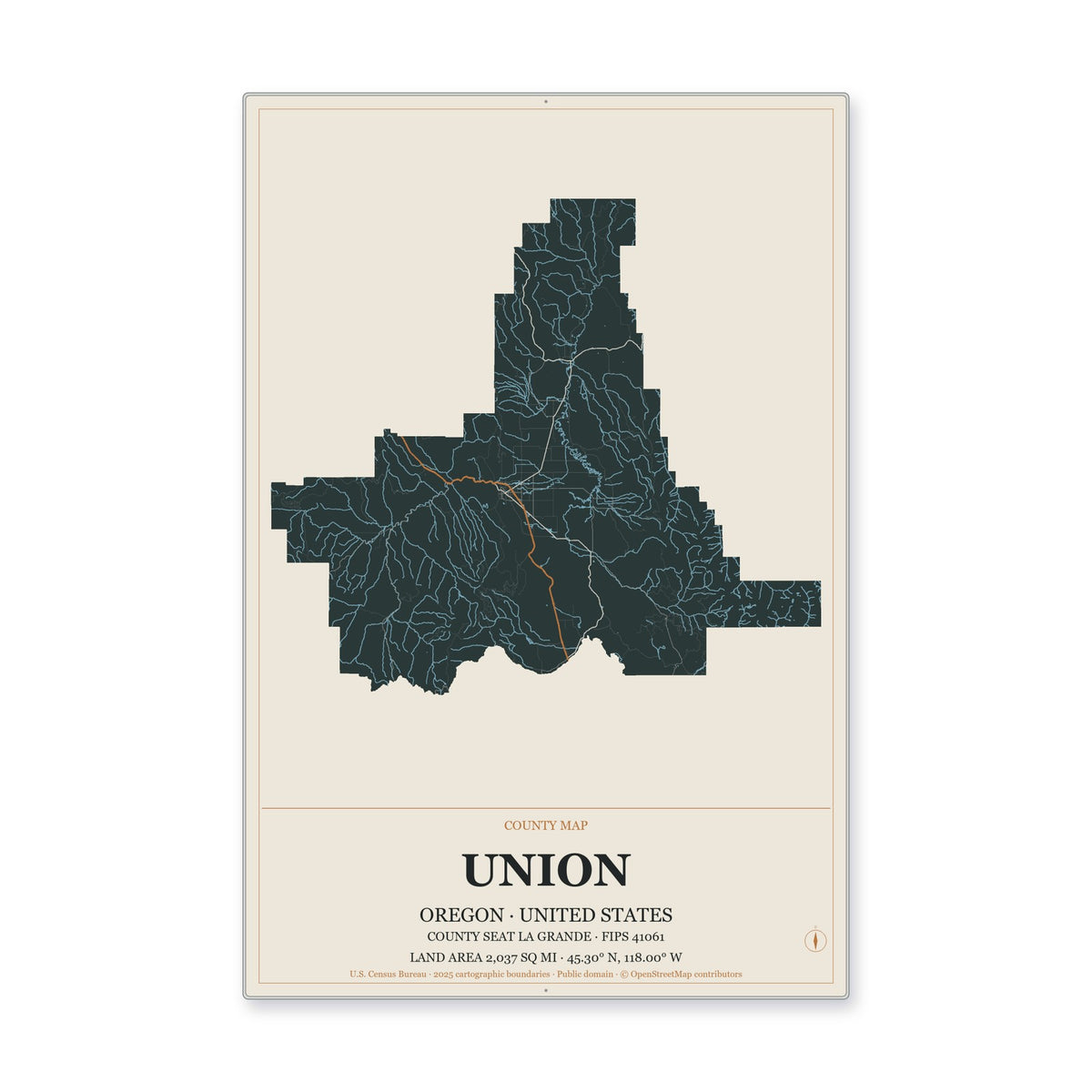 Union County, Oregon Map Aluminum Sign in Headline Atlas style