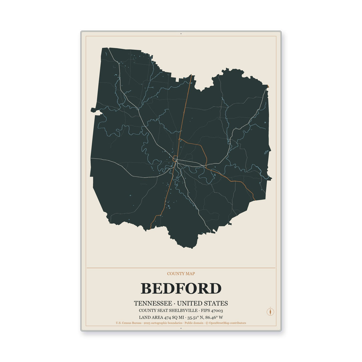 Bedford County, Tennessee Map Aluminum Sign in Headline Atlas style