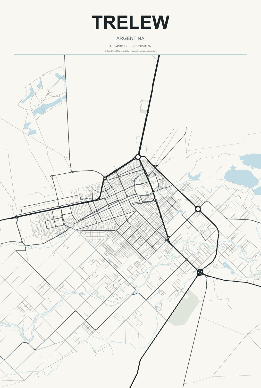 Trelew, Argentina City Map Aluminum Sign in Headline Atlas style