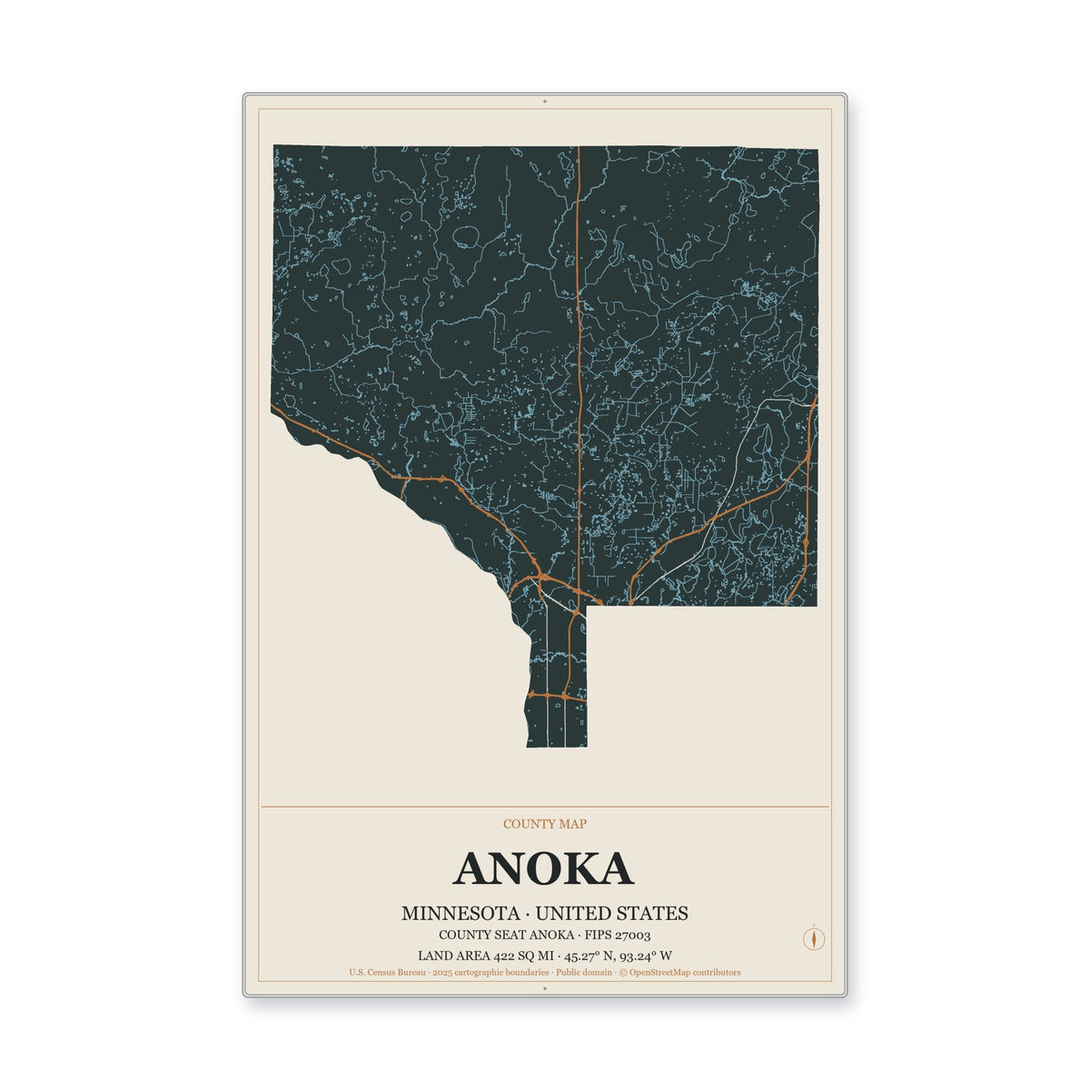 Anoka County, Minnesota Map Aluminum Sign in Headline Atlas style