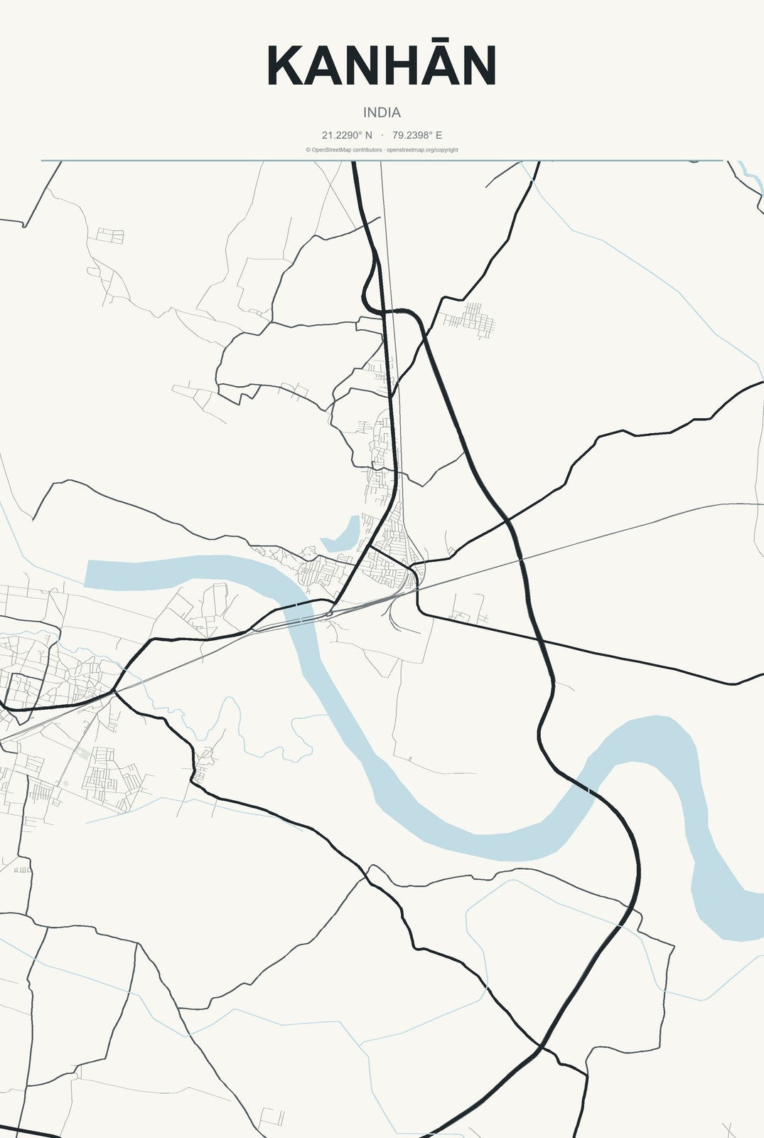 Kanhān, India City Map Aluminum Sign in Headline Atlas style