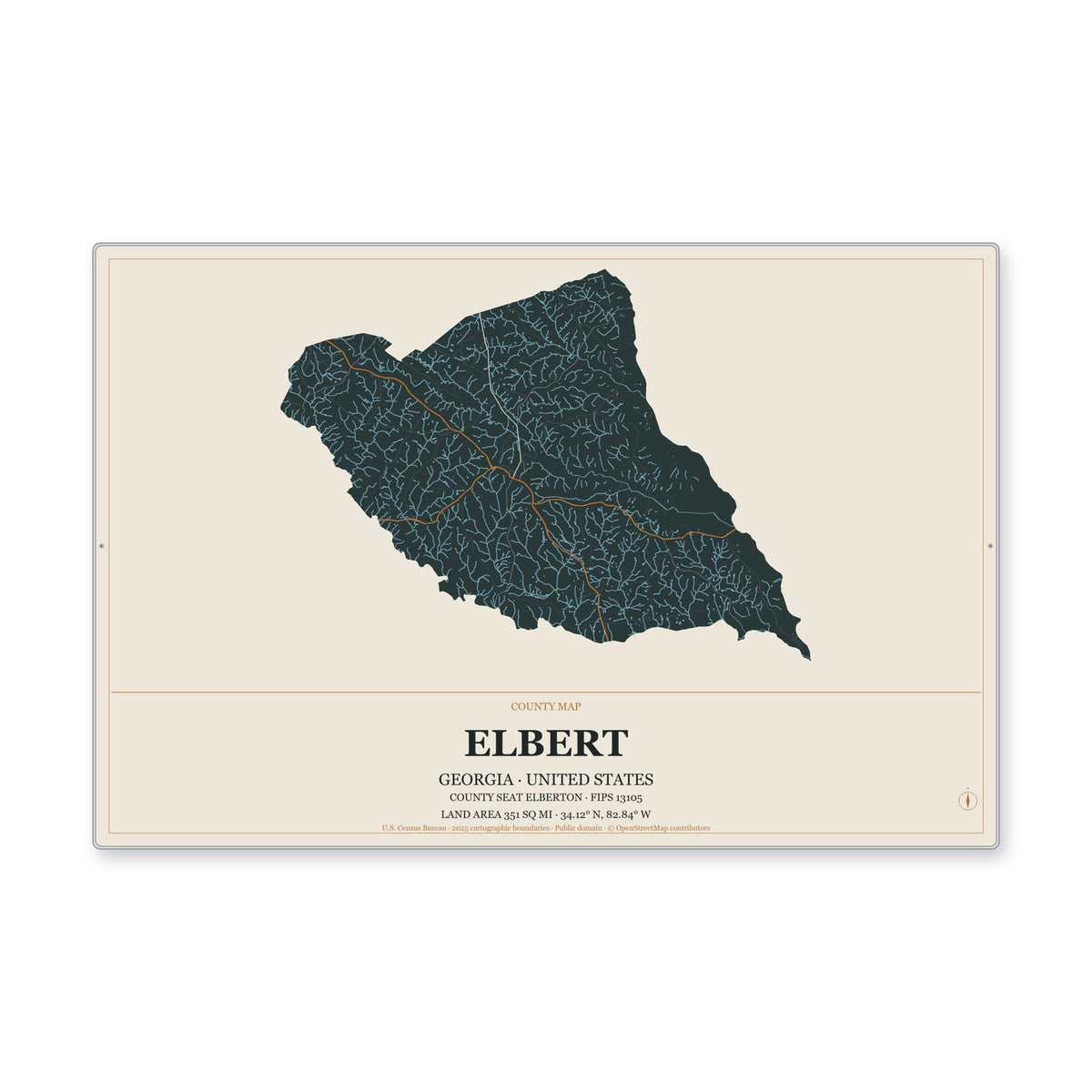Elbert County, Georgia Map Aluminum Sign in Headline Atlas style