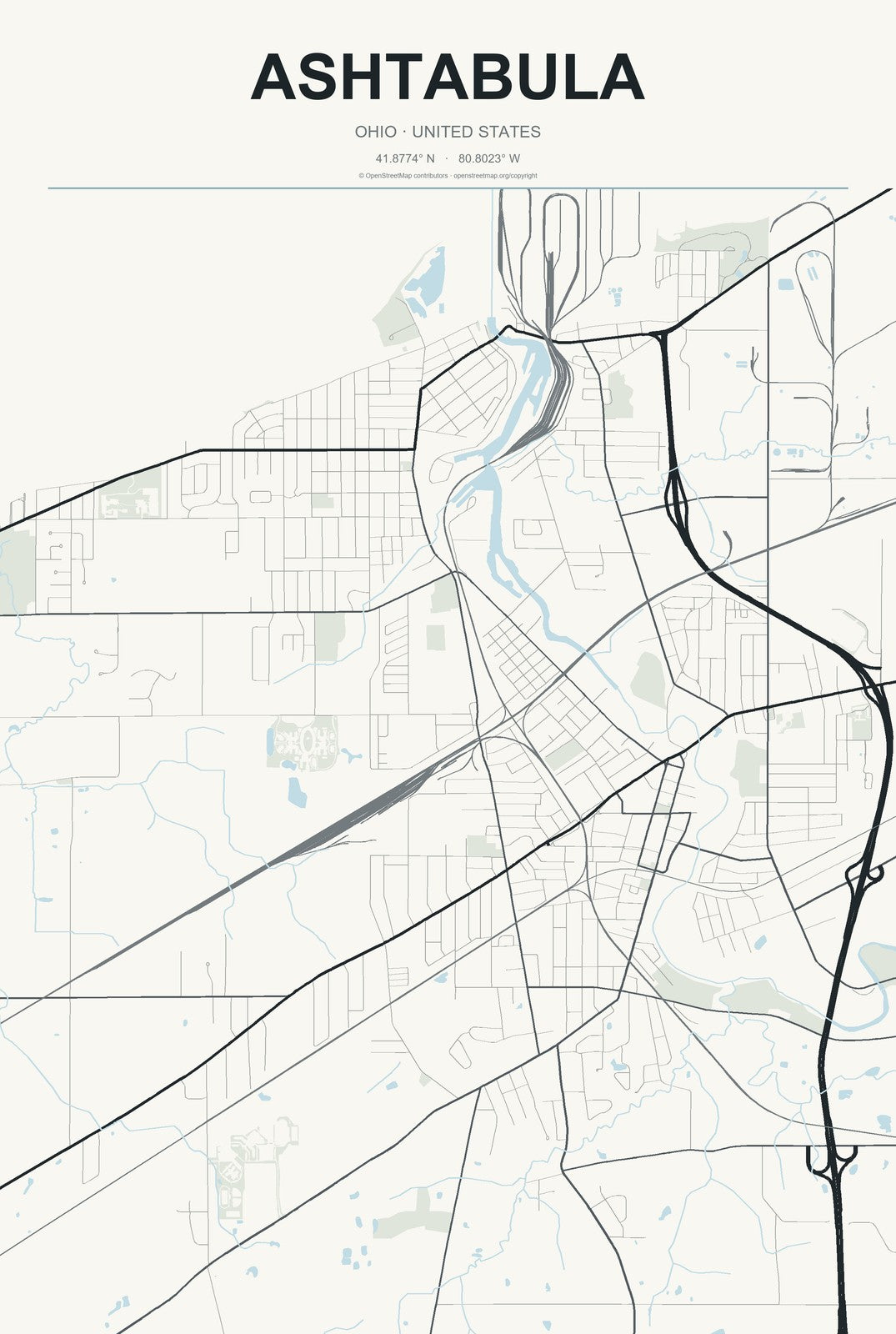 Ashtabula, Ohio City Map Aluminum Sign in Headline Atlas style