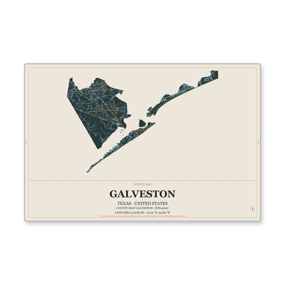 Galveston County, Texas Map Aluminum Sign in Headline Atlas style