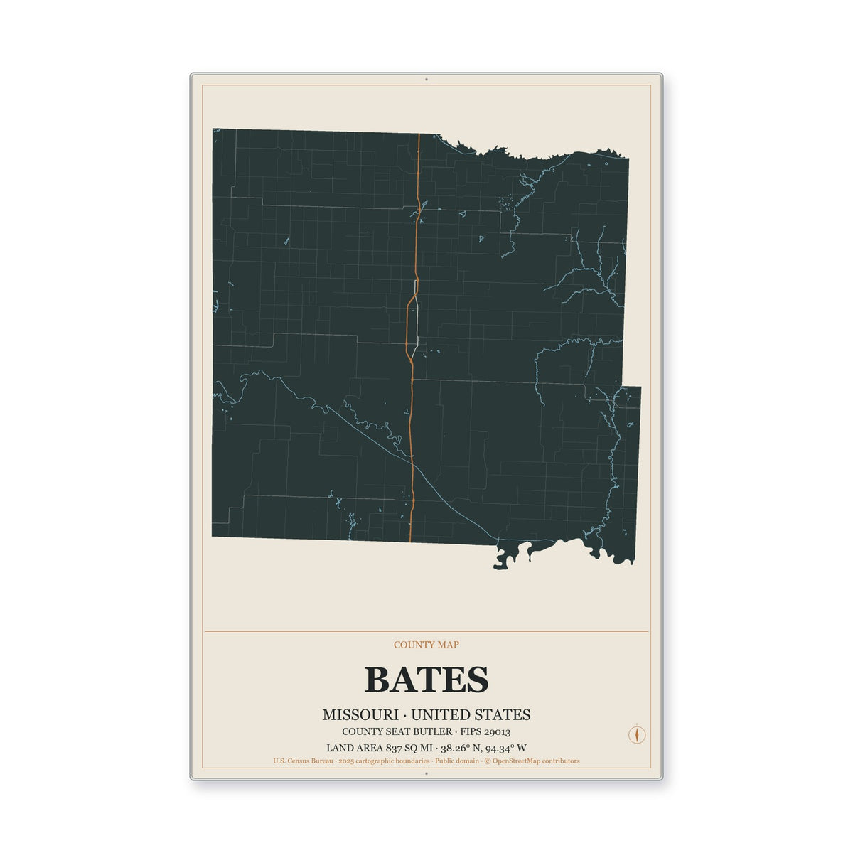 Bates County, Missouri Map Aluminum Sign in Headline Atlas style