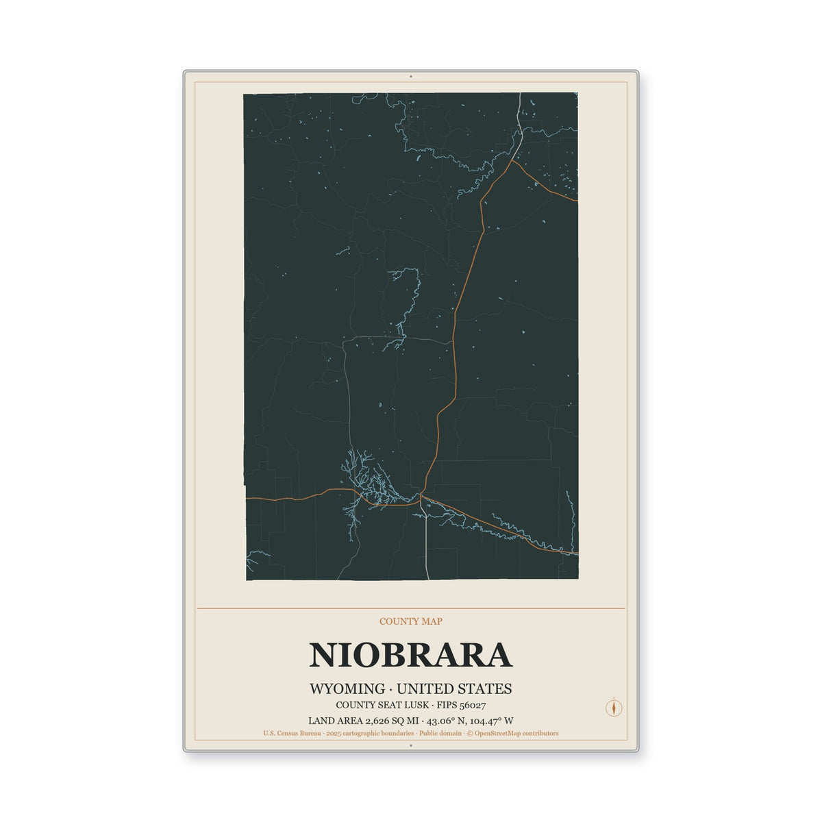 Niobrara County, Wyoming Map Aluminum Sign in Headline Atlas style