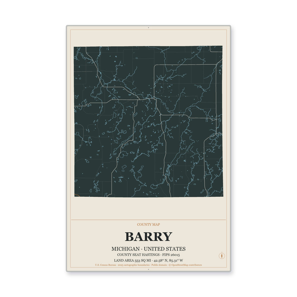 Barry County, Michigan Map Aluminum Sign in Headline Atlas style