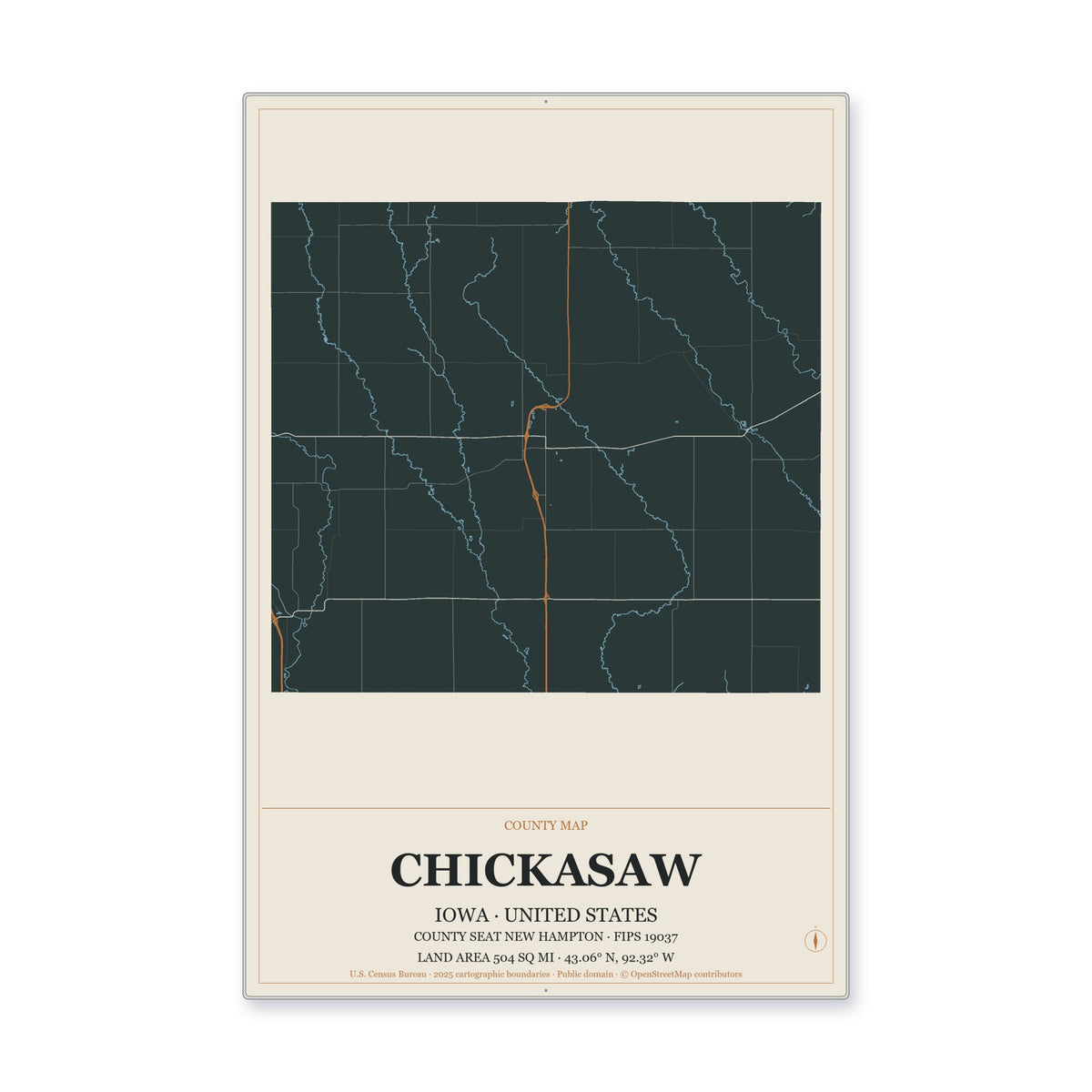 Chickasaw County, Iowa Map Aluminum Sign in Headline Atlas style