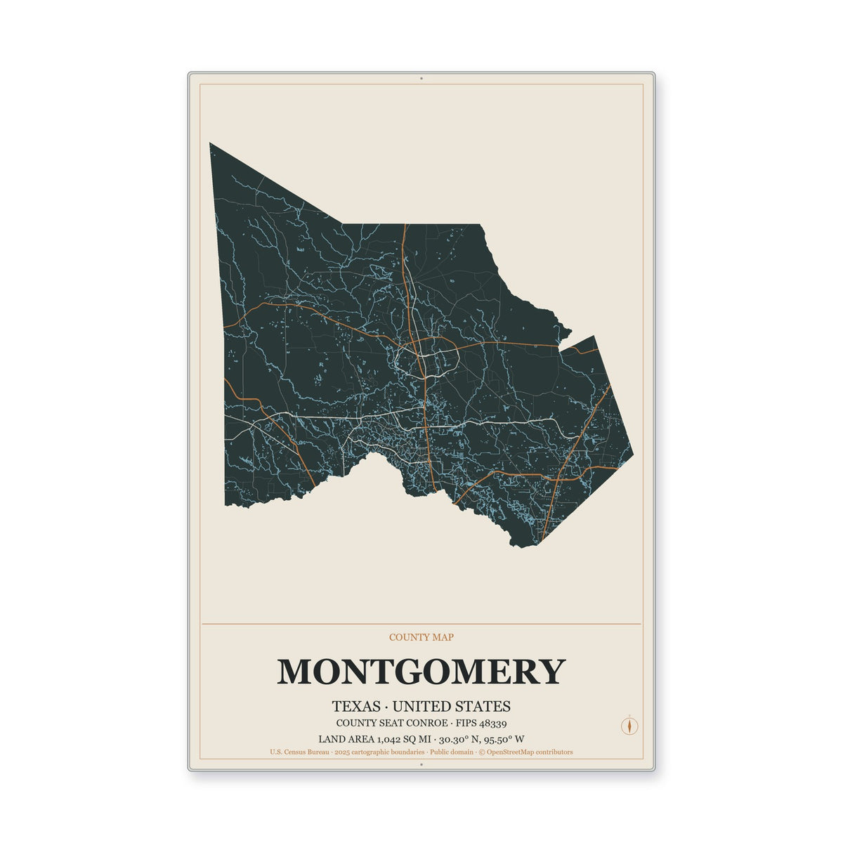 Montgomery County, Texas Map Aluminum Sign in Headline Atlas style