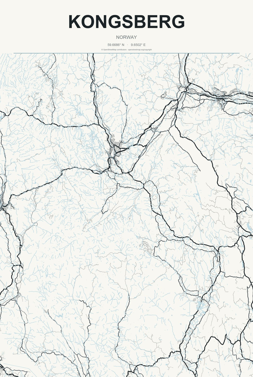 Kongsberg, Norway City Map Aluminum Sign in Headline Atlas style