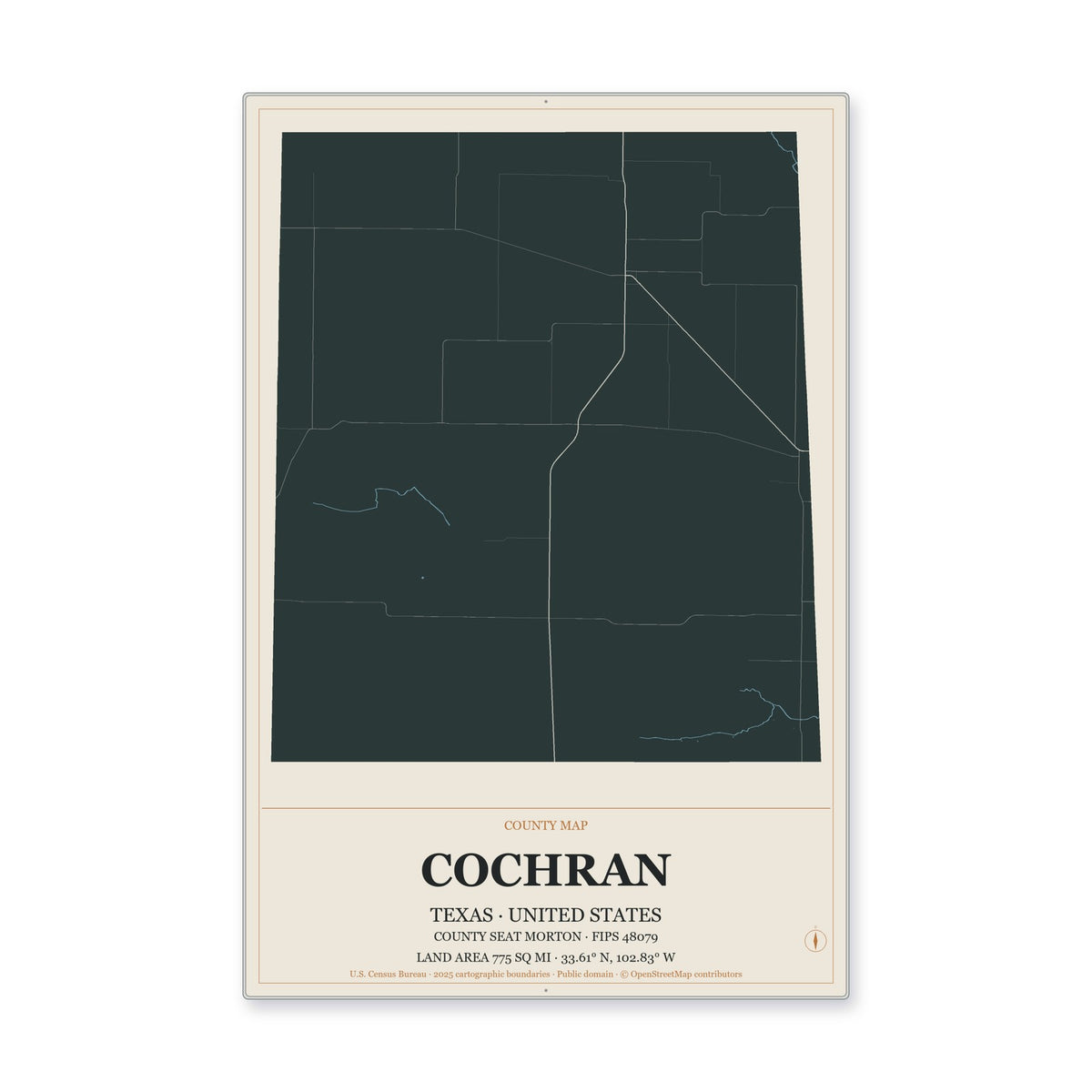 Cochran County, Texas Map Aluminum Sign in Headline Atlas style