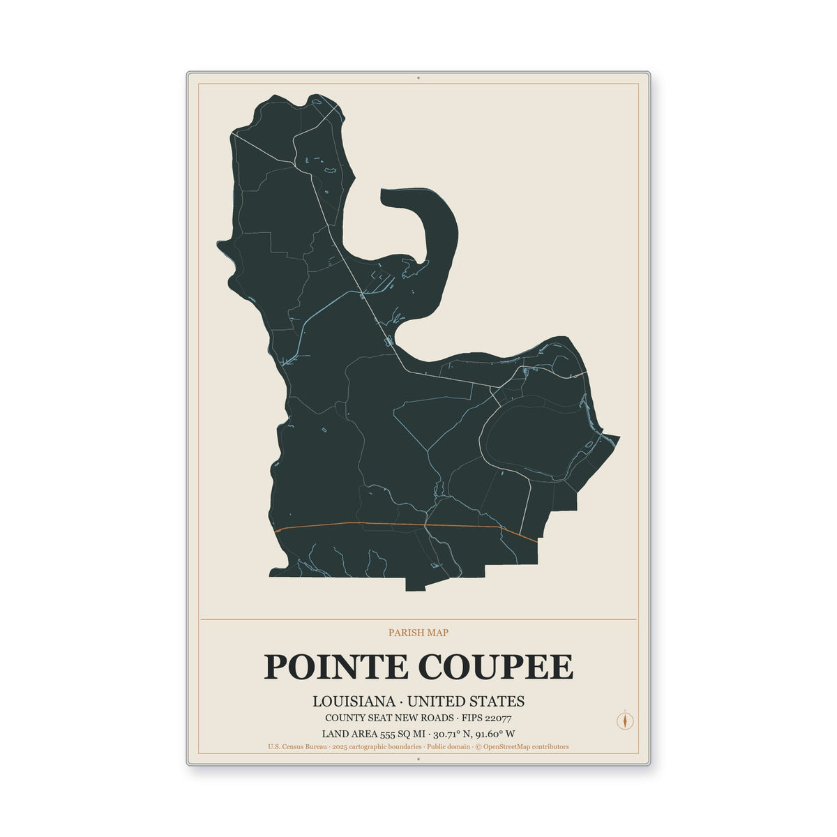 Pointe Coupee Parish, Louisiana Map Aluminum Sign in Headline Atlas style