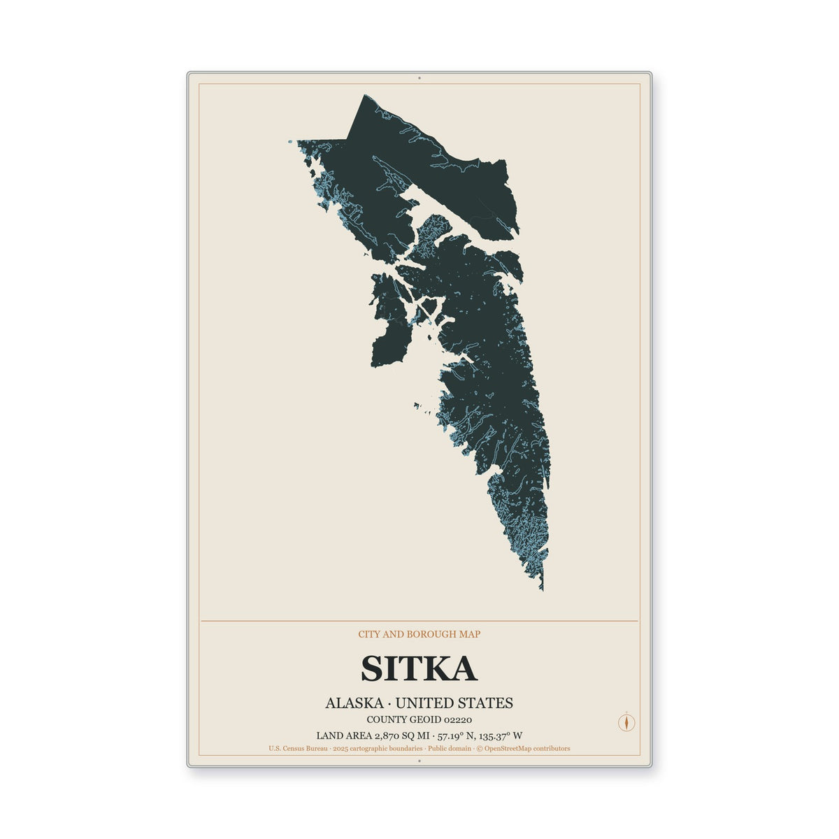 Sitka City and Borough, Alaska Map Aluminum Sign in Headline Atlas style