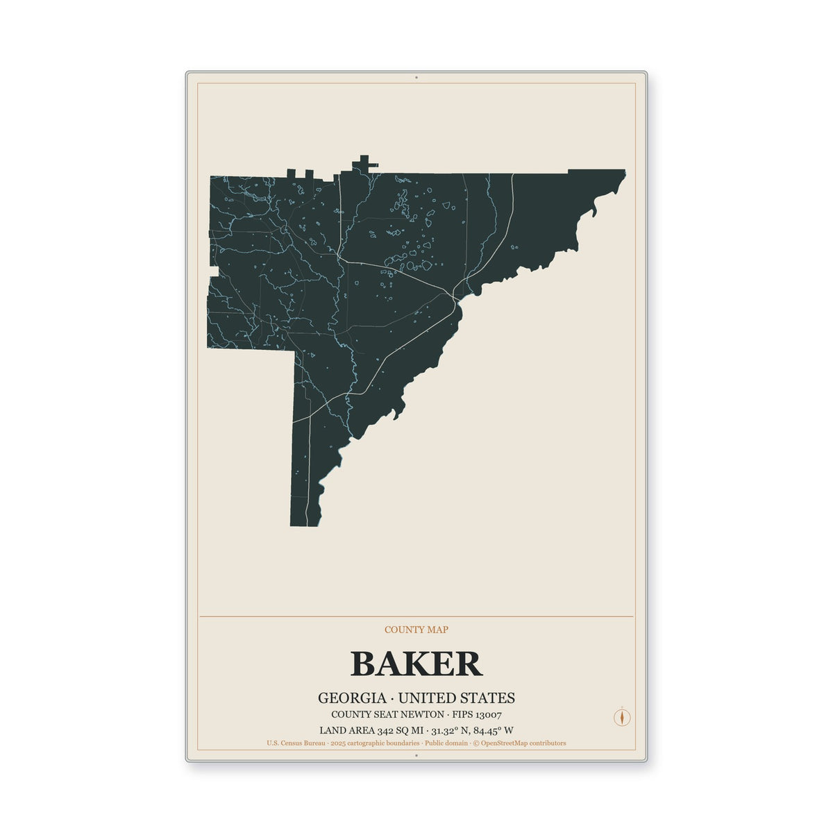 Baker County, Georgia Map Aluminum Sign in Headline Atlas style