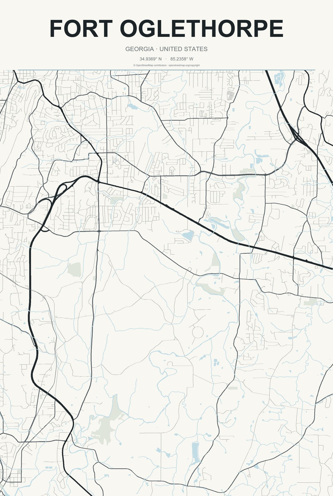 Fort Oglethorpe, Georgia City Map Aluminum Sign in Headline Atlas style