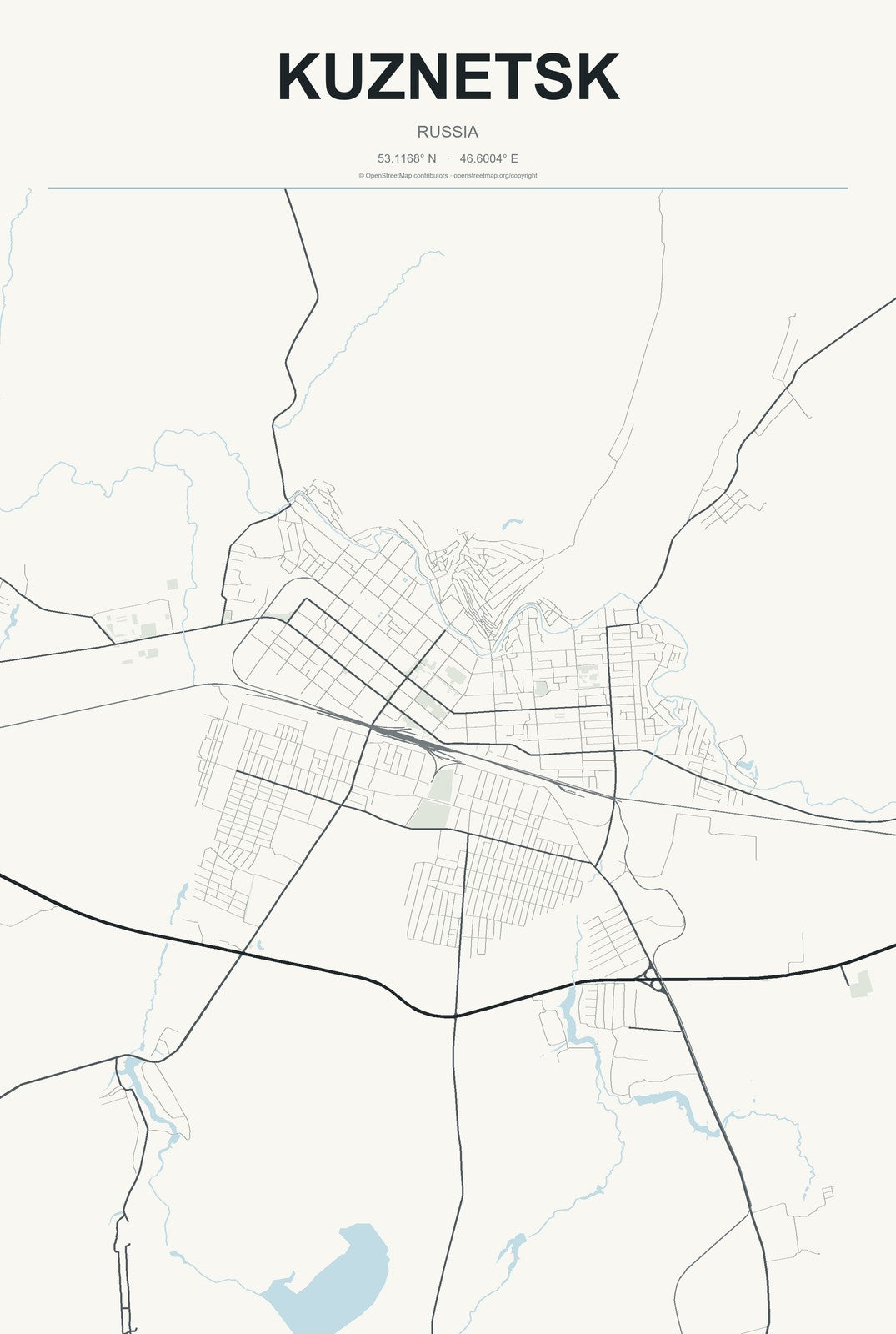 Kuznetsk, Russia City Map Aluminum Sign in Headline Atlas style