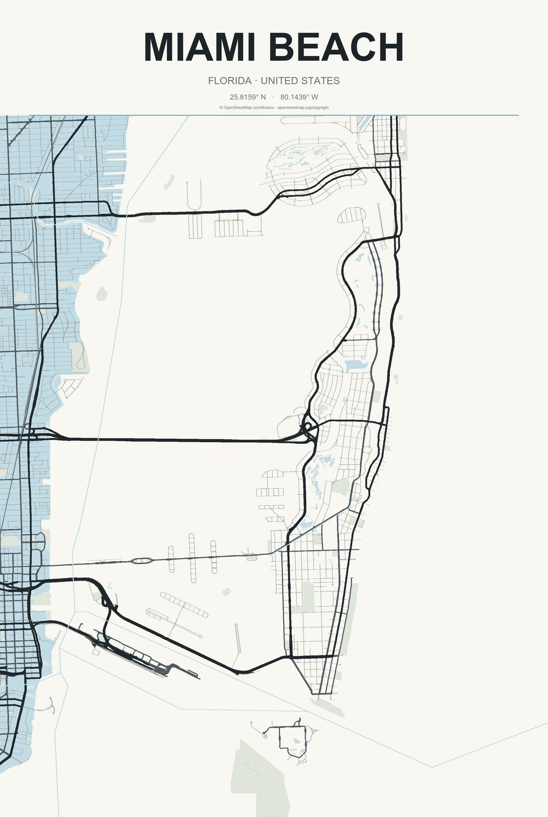 Miami Beach, Florida City Map Aluminum Sign in Headline Atlas style