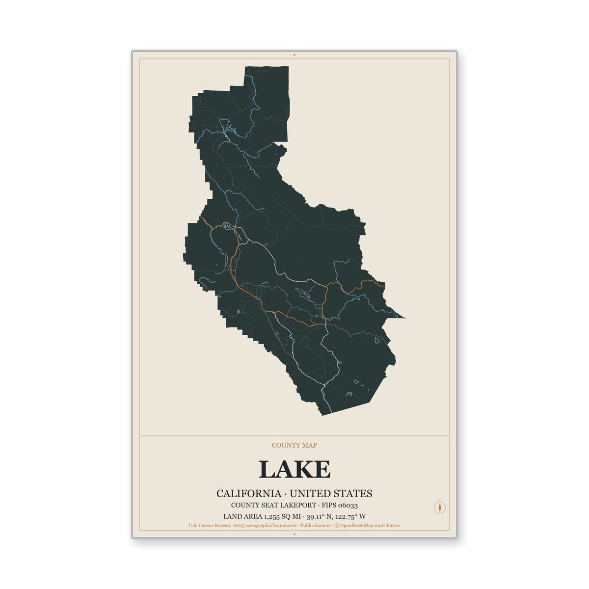 Lake County, California Map Aluminum Sign in Headline Atlas style