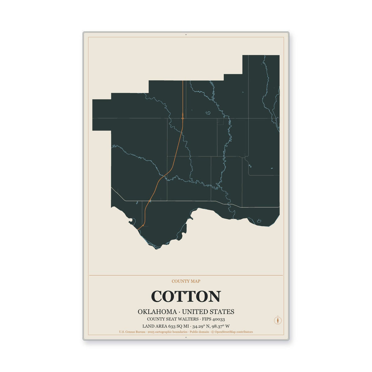 Cotton County, Oklahoma Map Aluminum Sign in Headline Atlas style