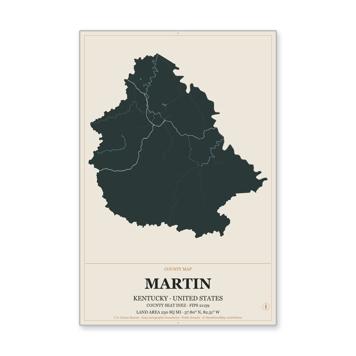 Martin County, Kentucky Map Aluminum Sign in Headline Atlas style
