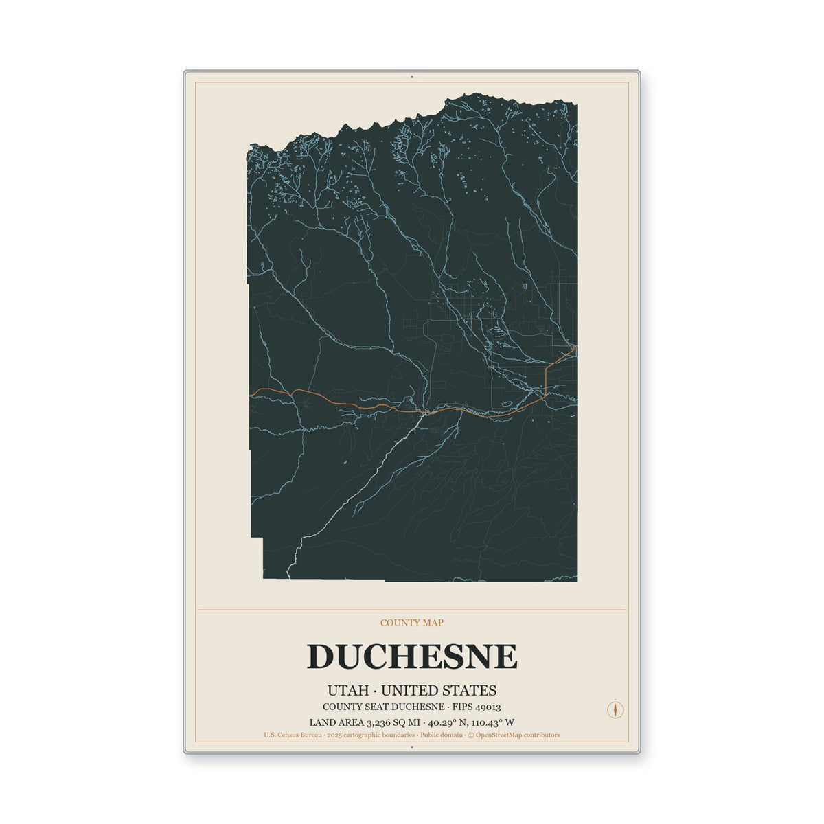 Duchesne County, Utah Map Aluminum Sign in Headline Atlas style