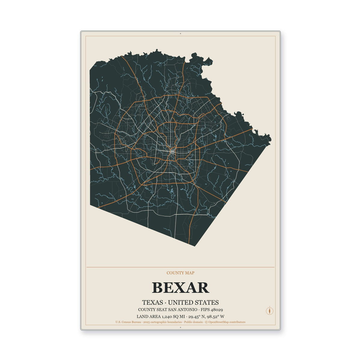 Bexar County, Texas Map Aluminum Sign in Headline Atlas style