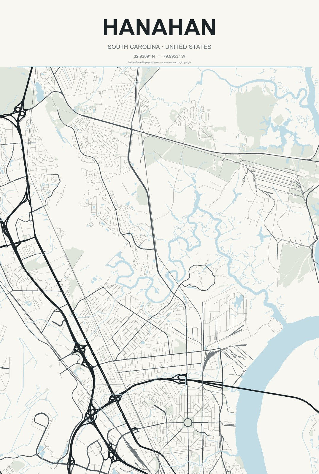 Hanahan, South Carolina City Map Aluminum Sign in Headline Atlas style