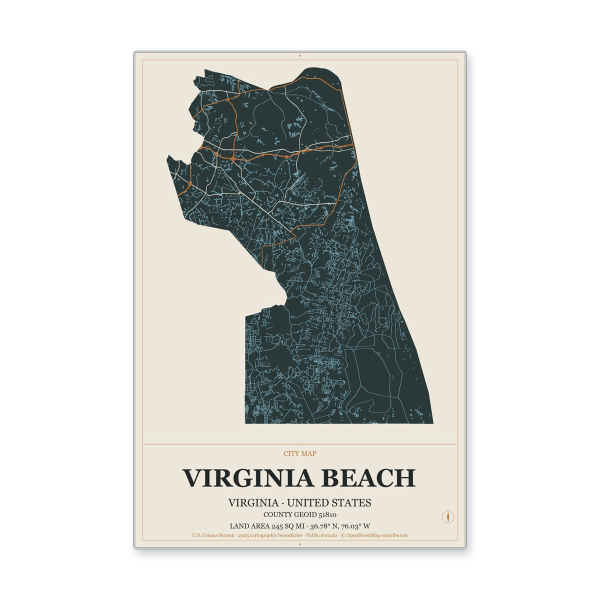 Virginia Beach city, Virginia Map Aluminum Sign in Headline Atlas style