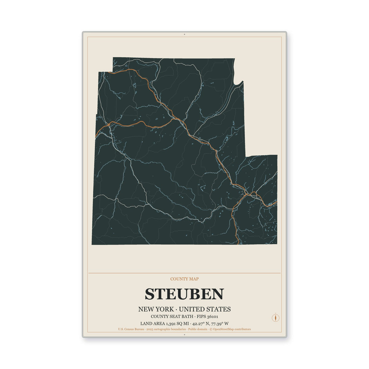Steuben County, New York Map Aluminum Sign in Headline Atlas style