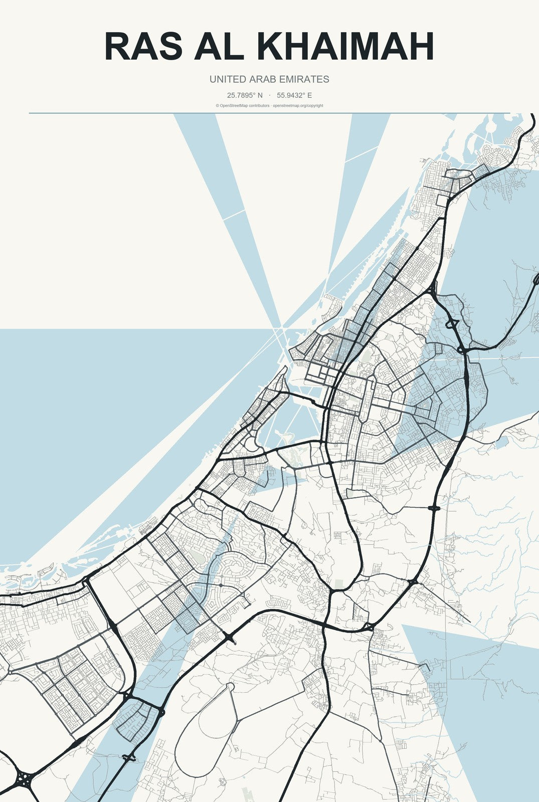 Ras Al Khaimah, United Arab Emirates City Map Aluminum Sign in Headline Atlas style