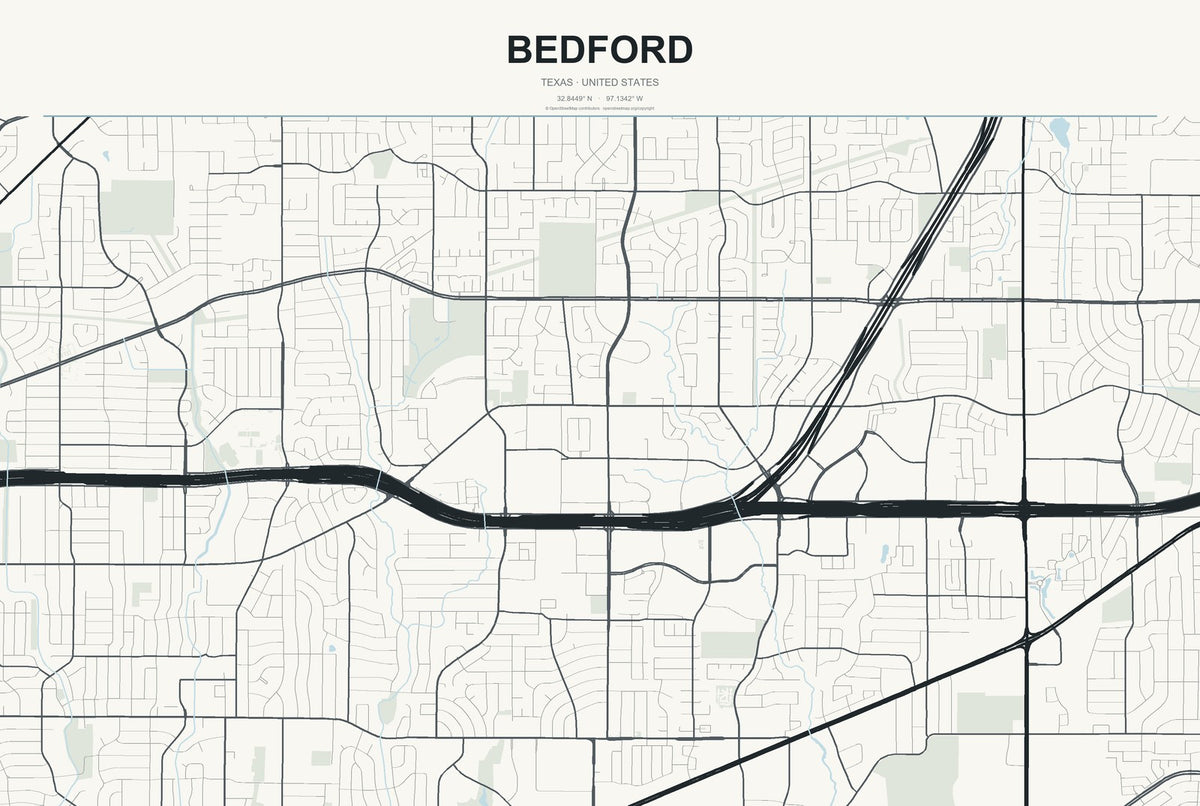 Bedford, Texas City Map Aluminum Sign in Headline Atlas style