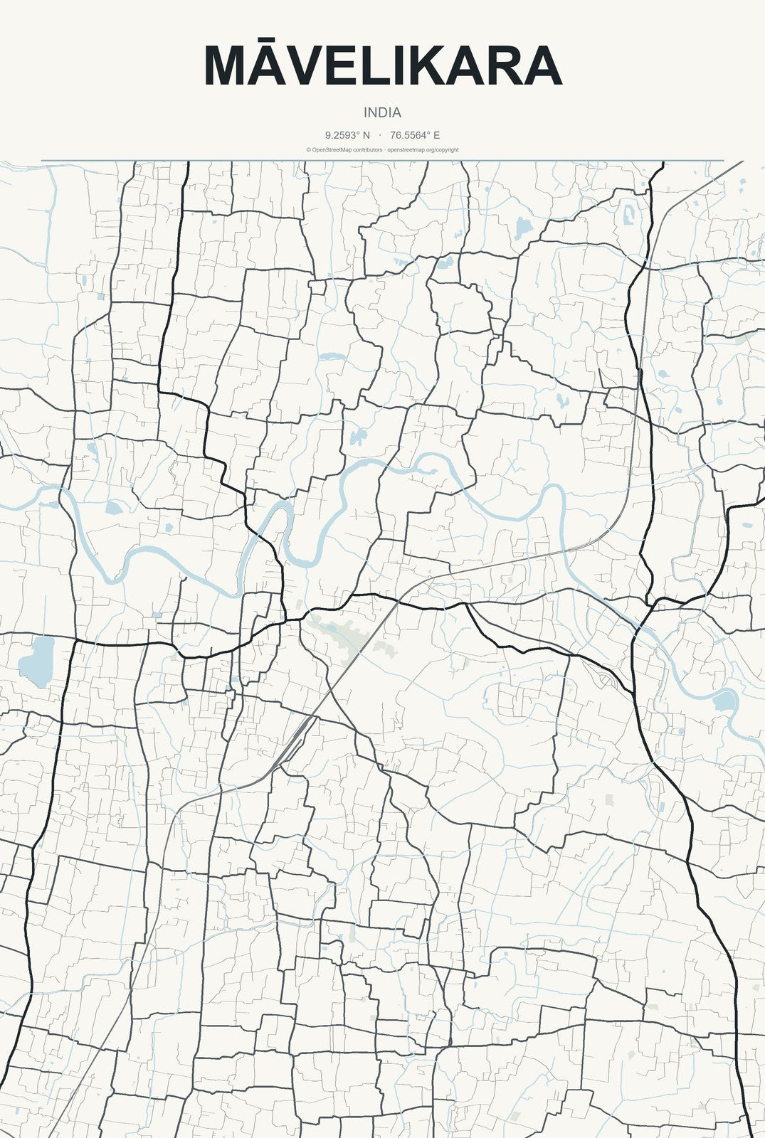 Māvelikara, India City Map Aluminum Sign in Headline Atlas style
