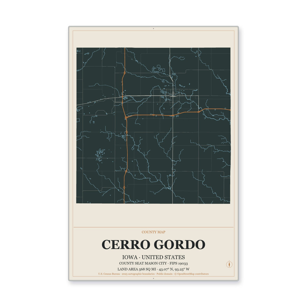 Cerro Gordo County, Iowa Map Aluminum Sign in Headline Atlas style