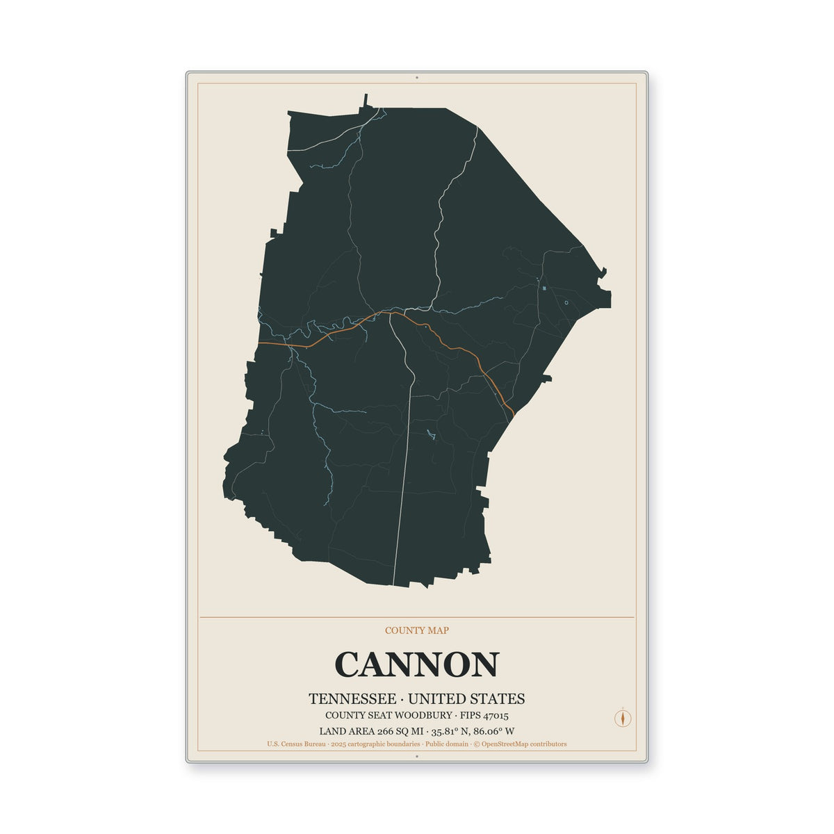 Cannon County, Tennessee Map Aluminum Sign in Headline Atlas style