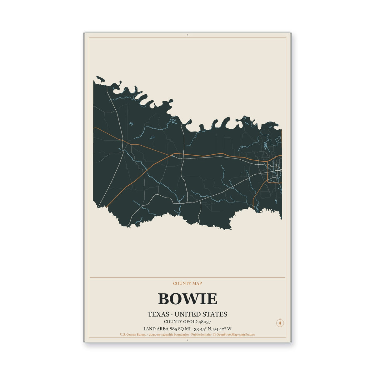 Bowie County, Texas Map Aluminum Sign in Headline Atlas style