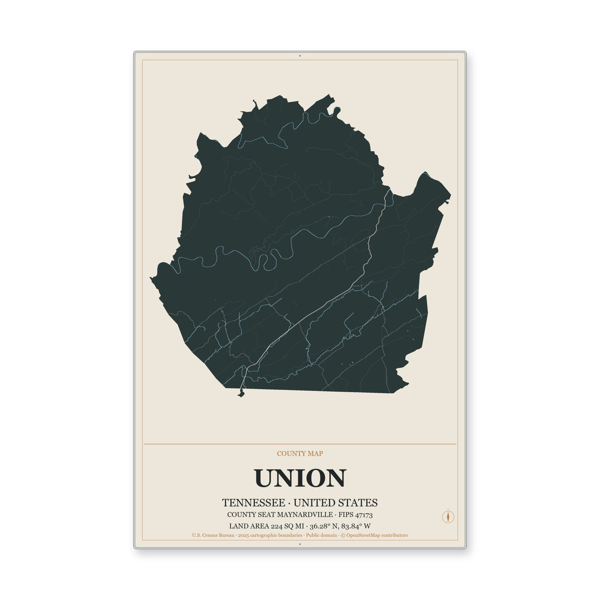 Union County, Tennessee Map Aluminum Sign in Headline Atlas style